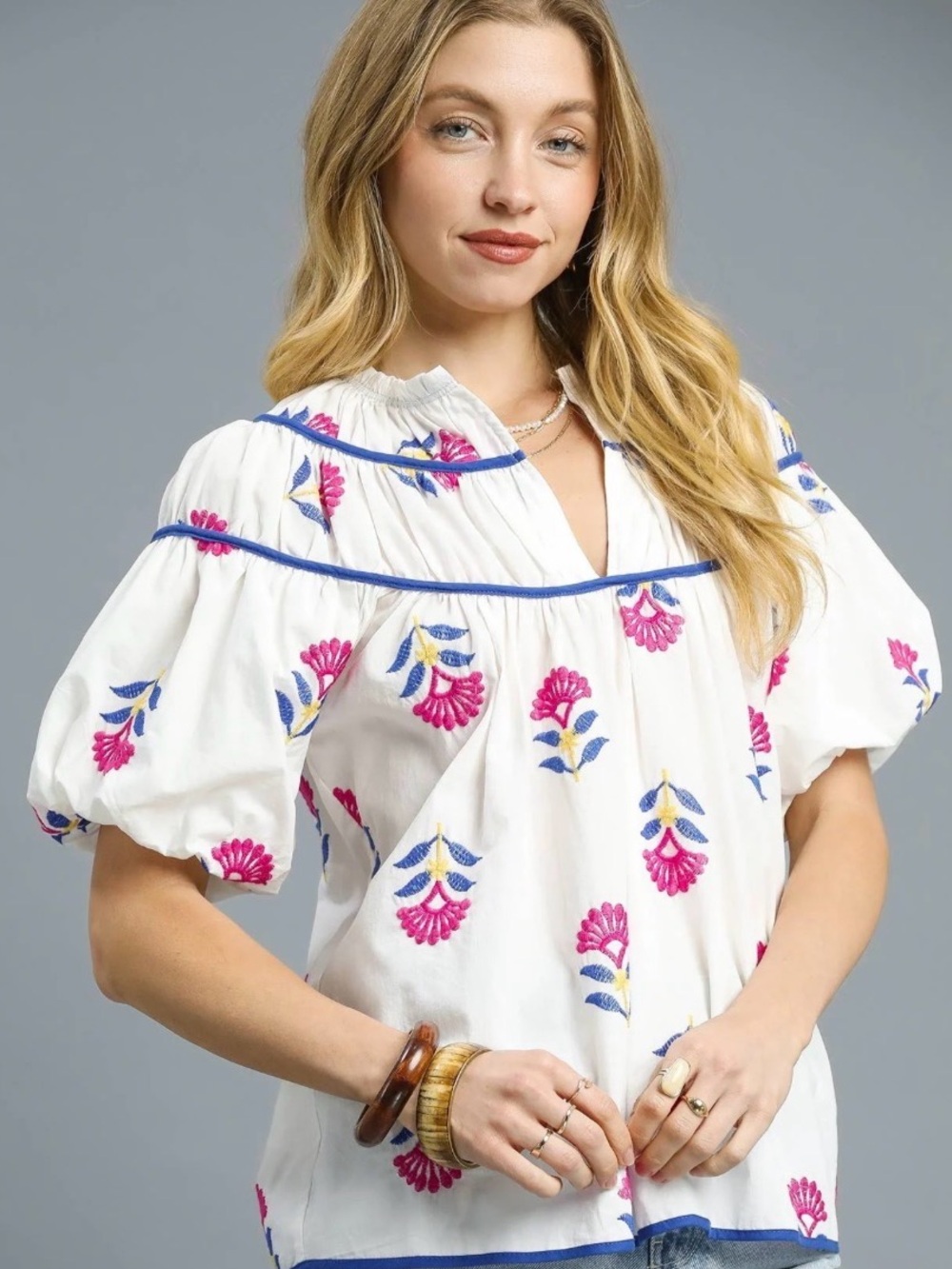 Umgee White Peasant Blouse with Pink and Blue Floral Embroidery